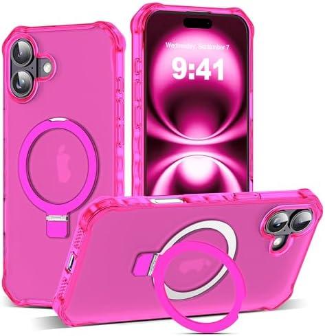 JQRZAOAK for iPhone 16 Case with Magnetic Invisible Stand [Compatible with Mag-Safe] [Military Drop Tested] Translucent Matte 16 Cover with Good Grip Curly Wave Edge for Women 6.1'', Rose Red