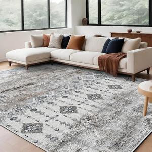 9x12 Vintage Abstract Area Rug: Large Reto Soft Washable Non-Slip Neutral Area Rugs for Living Room Bedroom Distressed Floral Stain Resistant Indoor Carpets for Dinning Room Kitchen Room Office (Blue/Grey)