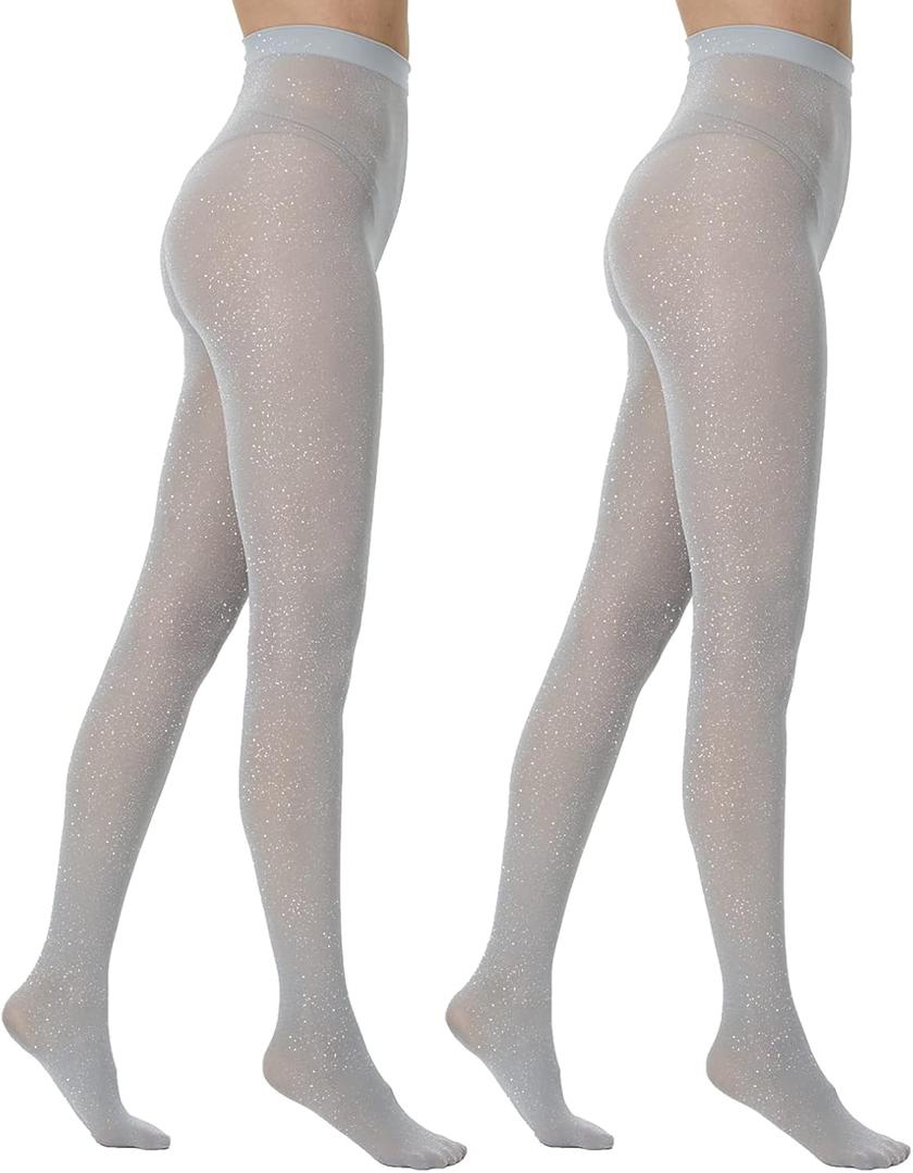 MANZI Sparkly Tights for Women, Metallic Shimmer, 50 Denier, Opaque, High Rise (Pack of 2) (Small-Medium, Silver)