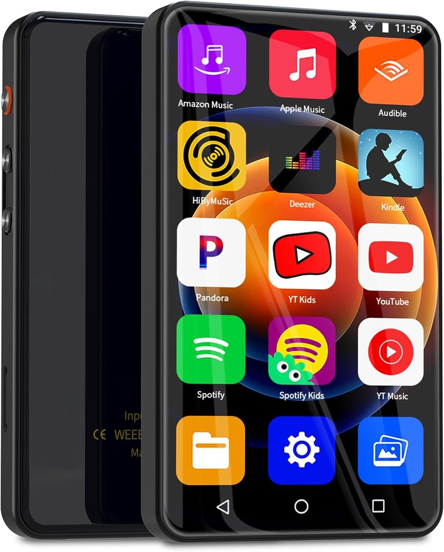 144GB MP3 Player with Bluetooth and WiFi, 4" Full-Color Touch Screen MP4 Music Player with Spotify, YouTube, Pandora, Amazon Music, Libby, Android Mainstream Media MP3 Player for Kids, Black