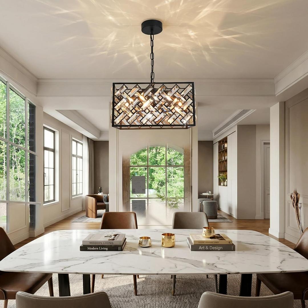 Modern Crystal Chandelier, 6-Light Black Chandeliers for Dining Room with Adjustable Chain, 51 Inch Ceiling Light Fixture for Bedroom, Foyer (Bulbs Not Included)