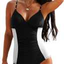 Aleumdr Women One Piece Swimsuit Tummy Control V Neck Ruched Bathing Suit Push Up Gold Metal Modest Slimming Swimwear (Large, Black)