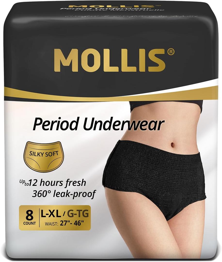 MOLLIS Disposable Period Underwear for Women, Postpartum Panties, Maternity Knickers Heavy Flow Leak Proof (L/XL(Pack of 8), Black)