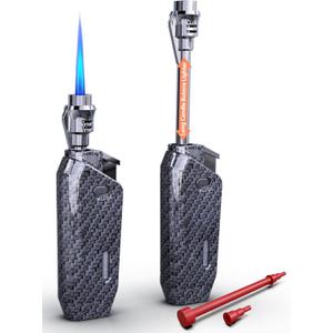 Butane Torch Lighter Jet Flame, Windproof Torch Lighter Refillable, Adjustable Butane Lighters for Candle Fireplace Camping BBQ Lighters Gift for Man Women, with Extended Tip, 2 Pack (Without Fuel)