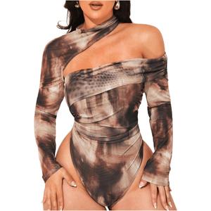 Floerns Women's Plus Size Tie Dye Asymmetrical Neck Long Sleeve T Shirts Bodysuit Tops (L Plus, Brown)