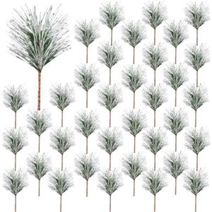 Artificial Green Pine Needles Branches, 50 PCS Small Pine Twigs Stems Picks, Fake Greenery Pine Picks for Christmas Garland, Wreath, Home Holiday Decoration (50, Green White)