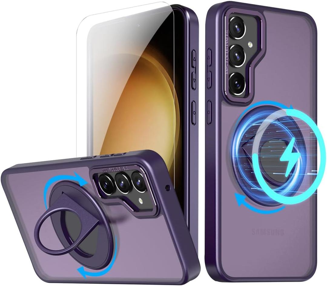 NKECXKJ Design for Samsung Galaxy S23 5G Phone Case [Compatible with Magsafe] with Tempered Glass Screen Protector Wireless Charging 360 Rotatable Invisible Kickstand Protective Cover for Men Purple