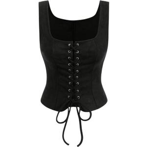 GORGLITTER Women's Sleeveless Western Cowgirl Rodeo Outfit Lace Up Vest Tops Pirate Renaissance Peasant Bodice 2025 Solid Black Medium