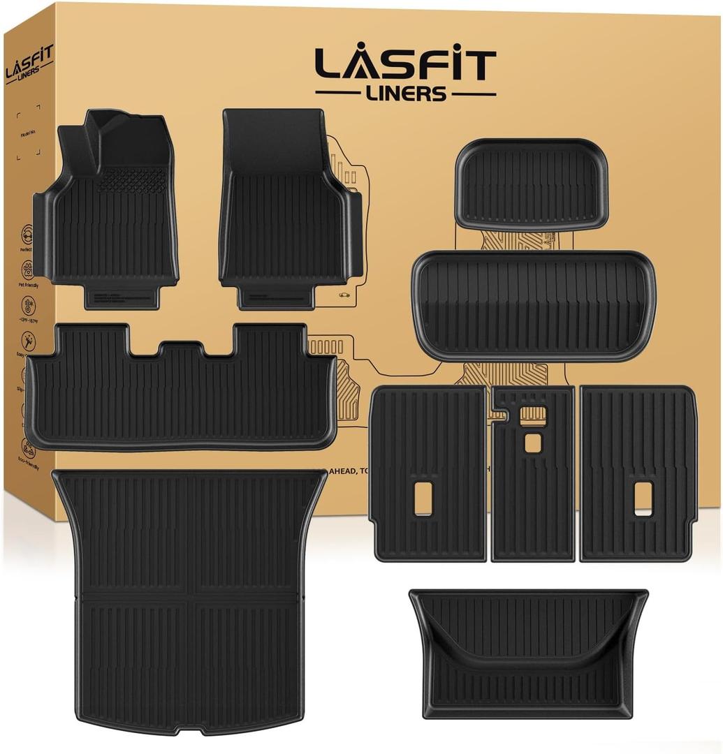 LASFIT 10PCS Floor Mats for Tesla Model Y Juniper 2025/2026 TPE Custom Fit All Weather Model Y Juniper Accessories Cargo Mat Waterproof Trunk Mats Full Set