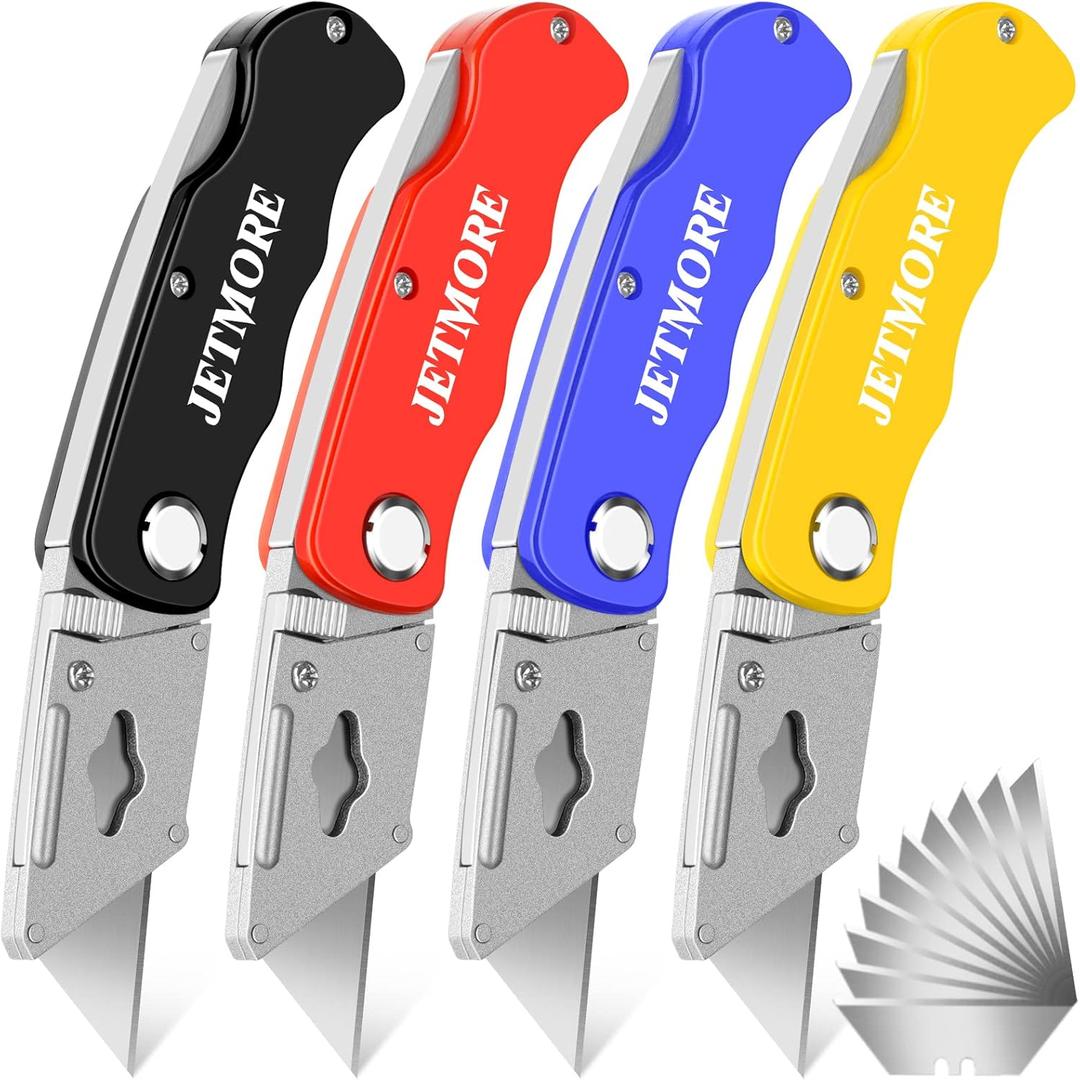 JETMORE 4 Pack Folding Utility Knife Box Cutter Tube Cutters with Extra 10Pcs Blades Cutters for Home Office Warehouse Durable Razor Knife Box Knife Box Opener Box Cutter with Clip Navajas de Trabajo