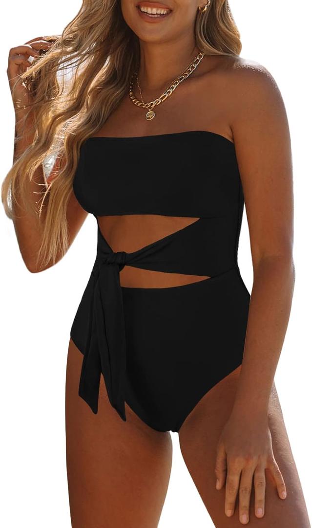 Viottiset Women's Bandeau One Piece Swimsuit Strapless Tie High Cut Out Bathing Suit (Medium, Black)