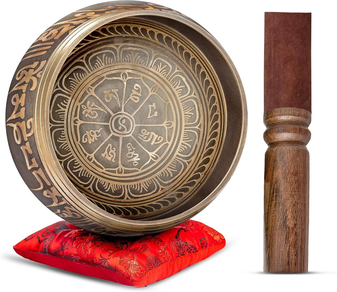 Tibetan Singing Bowl Set Authentic  Handmade in Nepal Sound & Meditation Bowl  Stress Relief Tool and Spiritual Decor for Yoga, Wellness Spaces & Relaxation by Himalayan Bazaar (Brown & Red)