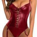 Lilosy Sexy Lace Up Leather Pu Wireless Garter Women Teddy Bodysuit Corset Bustier Top Outfit Nightout One Piece size Medium