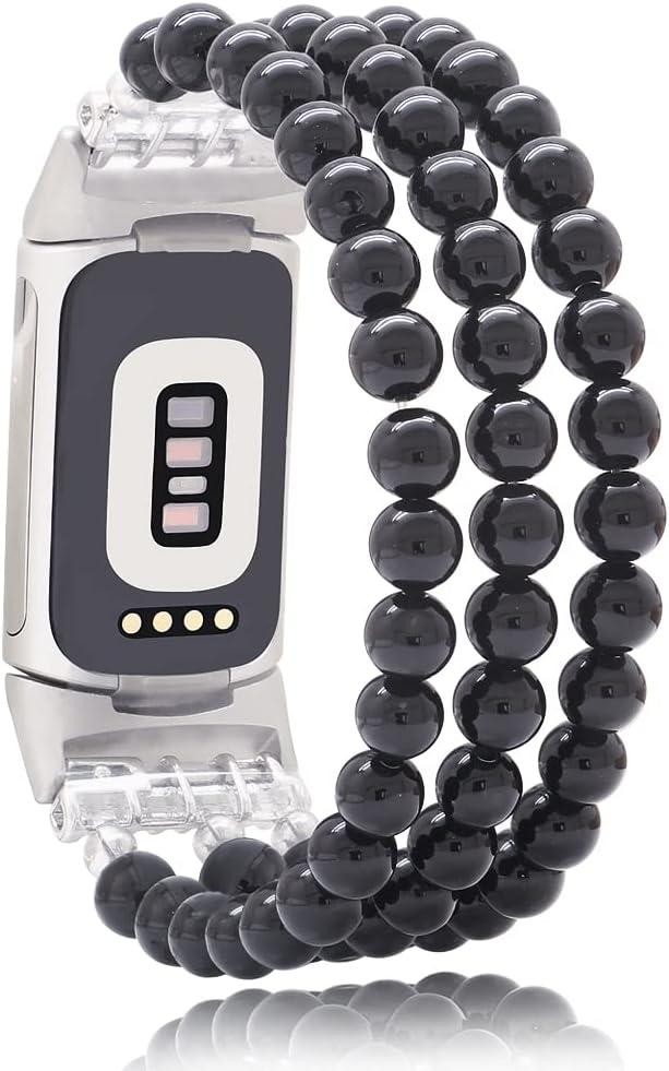 C&L Accessories Compatible with Fitbit Charge 6/5 Natural Gemstone Beaded Handmade Adjustable Bracelet Replacement Band for Women