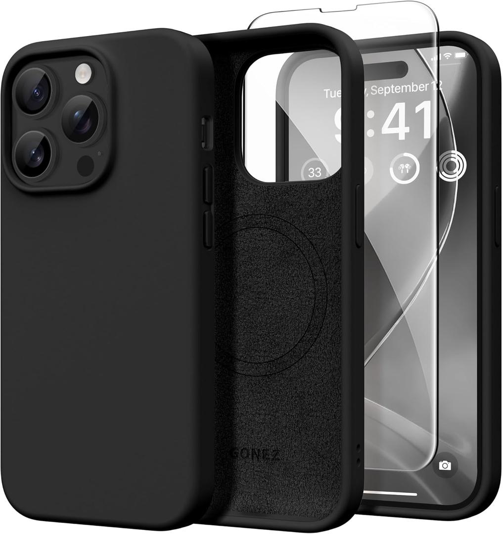 GONEZ Magnetic for iPhone 14 Pro Max Case, [Compatible with MagSafe] Anti-Scratch Microfiber Lining & Screen Protector, Shockproof Slim Phone Silicone Cover 6.7 inch, Black