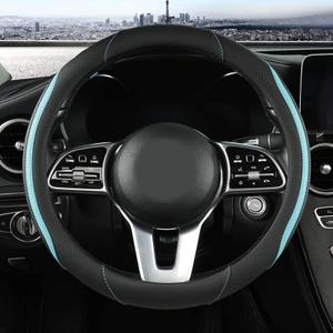 Car Steering Wheel Cover, Leather Steering Wheel Cover Blue Universal 14.5-15 Inch Microfiber Leather Anti-Slip Breathable Auto Steering Wheel Covers for Men Women (Black&Blue)