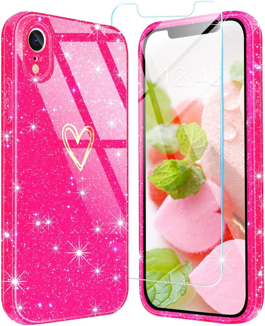 2 x Qviskteme for iPhone XR Case,with [1 x Tempered Glass Screen Protector] [Clear Glitter] Cute Bling Sparkly Phone Case Shockproof Protective Slim Soft Silicone Cover for Women Girls,6.1-Inch(Hot Pink)