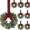 Jexine 8 Pieces Mini Christmas Wreaths for Kitchen Cabinet Small Christmas Candle Rings Wreaths Pillars Candle Rings Table Centerpieces Hanging Garlands for Front Door Window Decor (No Red Ribbon)