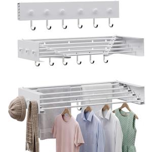 Collapsible Laundry Drying Rack Wall Mounted - 31.5 Inch Metal Clothing Drying Rack with 6+6 Hooks, Retractable Foldable Dry Racks for Laundry Drying Indoor, Heavy Duty Towel & Coat Hanger