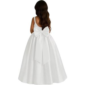 Satin Flower Girl Dress with Big Bow Elegant Sleeveless A-Line Ball Gowns Formal Communion Wedding Party Dresses (6, White)