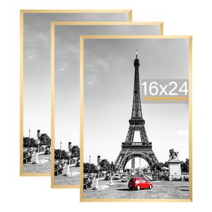 Kennethan Picture Frame, Wall Gallery Poster Frames, Horizontal or Vertical Wall Mounting (Gold, 16x24-3 Pack)