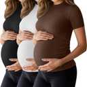 Ficerd 3 Pack 92% Cotton Ribbed Maternity T-Shirts for Women, Mock Turtleneck Side Ruched Slim Short Sleeve Pregnancy Tops (XX-Large, Black, White, Coffee)