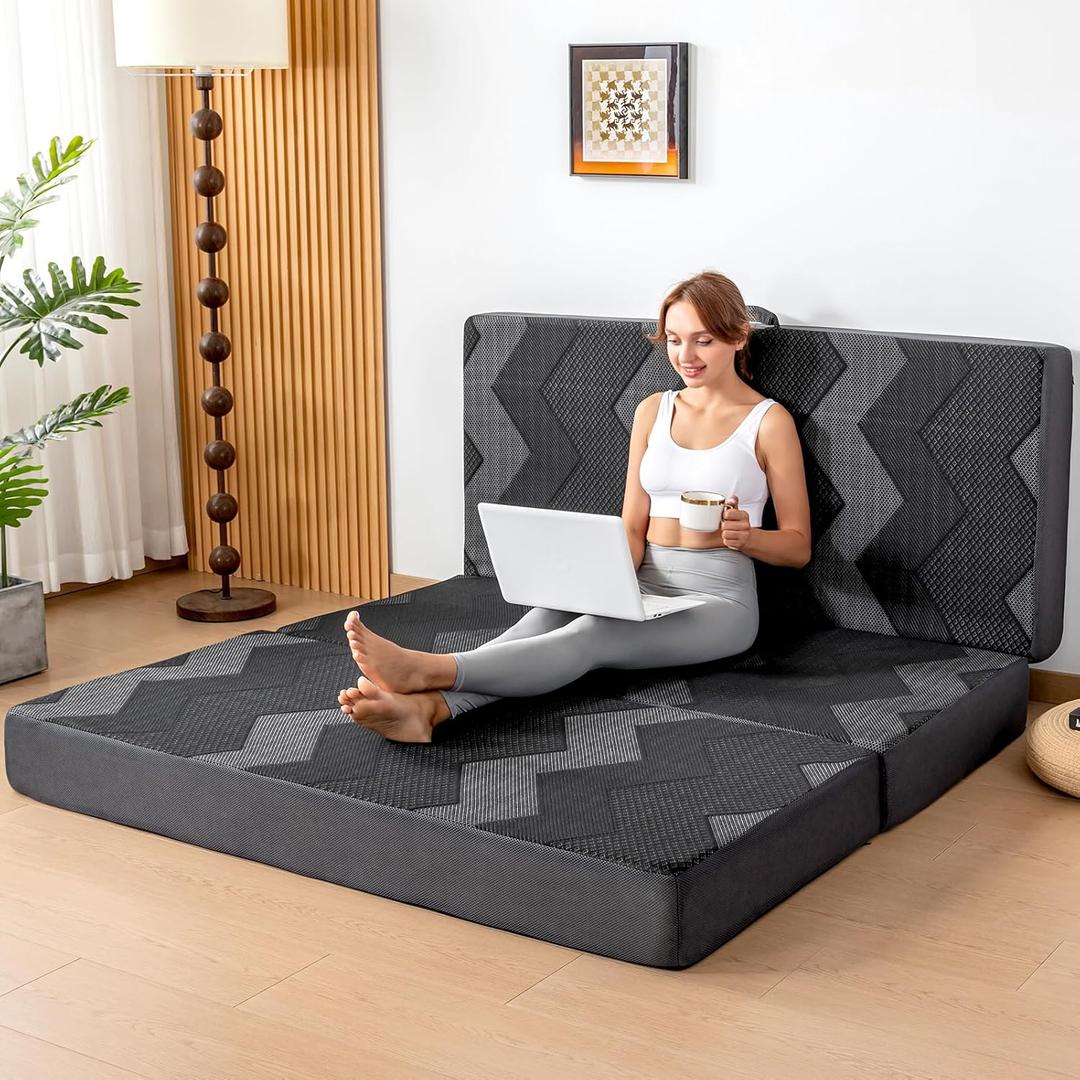 INGEROOM Trifold Mattress Queen - Memory Foam 6 inch Foldable Mattress for Camping, with Portable Handle, Non-Slip Folding Floor Bed Sofa for Guest Travel Yoga, Washable Breathable Cover (Black)