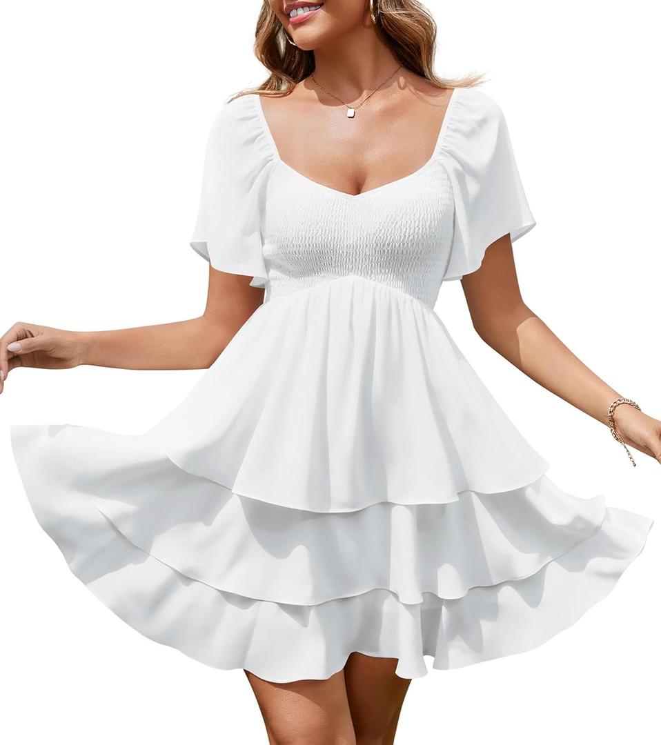 Florboom Women's Sweetheart Neckline Chiffon Dress Boho Smocked Tiered Flutter Sleeve Layered Mini Dresses (White, M)