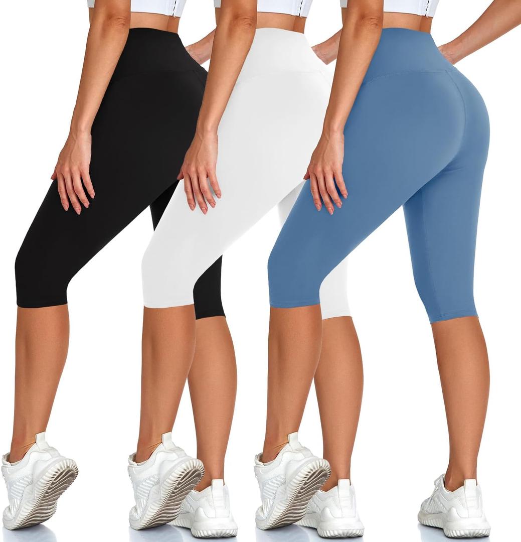 High Waisted 3 Pack Women's Capri Pants - Knee Length Yoga Shorts, Biker Workout Leggings for Women, Summer Activewear (Black/White/Light Blue, Small to Medium)