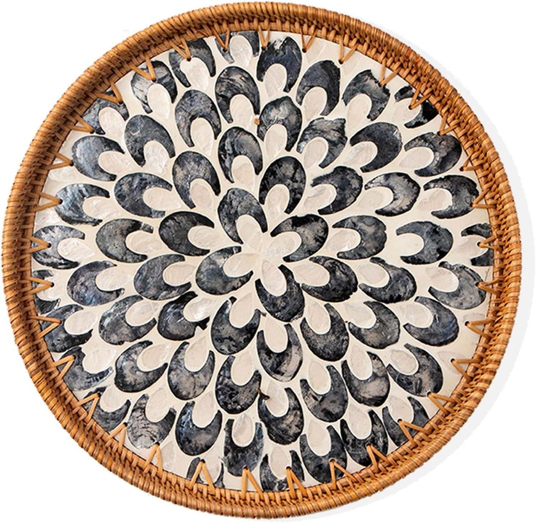 Round Rattan Tray with Mother of Pearl Inlay, Decorative Wicker Serving Tray with Wooden Base, Woven Basket Trays for Bread Fruits Coffee, Plume