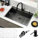 33x22 Black Drop In Kitchen Sink- 33 Inch Gunmetal Black Stainless Steel Top Mount Single Bowl 18 Gauge Deep Single Bowl Kitchen Sinks with Soap Dispenser& Bottom Grid