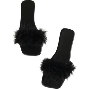 BEAUDRM Women's Sexy Flat Sandals Fuzzy Feather Dressy Flat Sandals Slip On Square Slipper Open Toe Fuzzy Slides Slippers, 8, Black