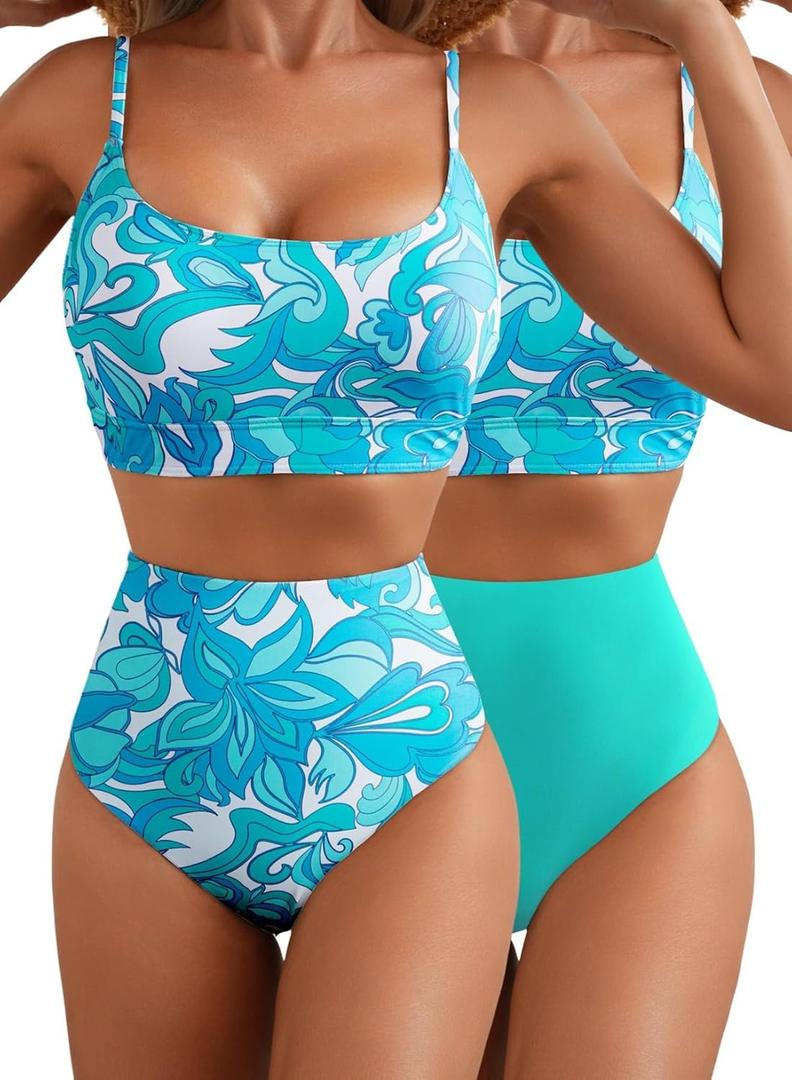 Herseas 2 Piece High Waisted Bikini Set for Women 2025 Spaghetti Straps Swim Top with Reversible Bottom Bathing Suit (X-Large, Turquoise)