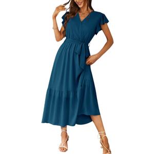 PRETTYGARDEN Women's Summer Floral Boho Dress Wrap V Neck Short Sleeve Ruffle A-Line Flowy Maxi Wedding Guest Dresses (Solid Lake Blue, X-Large)