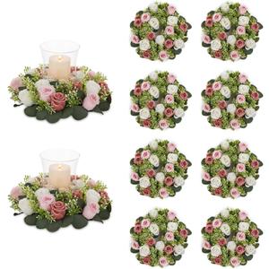 NUPTIO Flower Wedding Centerpieces for Tables: 10 Pcs 14 inch Diam Large Dusty Rose & White Artificial Flowers Fake Roses Candle Rings Wreaths Spring Summer Wreath for Front Door Weddings Party