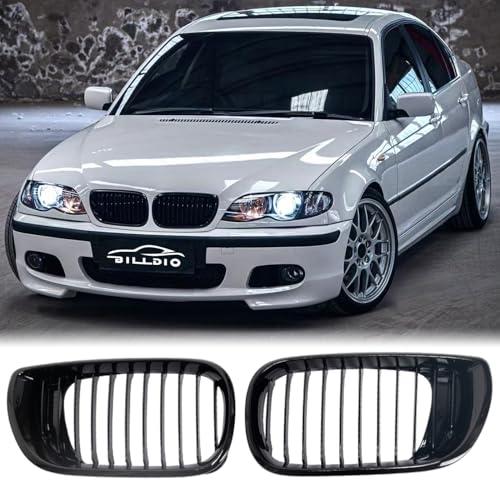 BILLDIO E46 Grille - Black Kidney Single slats Grill Compatible With 2002-2005 BMW 3 Series E46 4-Door 320i 325i 325xi 330i 330xi ABS Gloss Black Kidney Grill