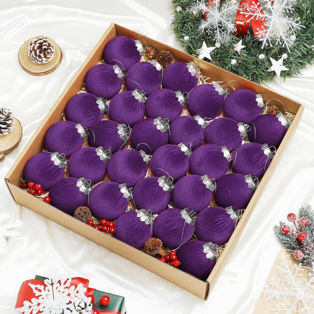 Velvet Christmas Balls Set 30pcs Purple Velvet Christmas Tree Ornaments Shatterproof Xmas Hanging Balls Decorative Hanging for Xmas Holiday Family Home Store Indoor Decor 2.4inch