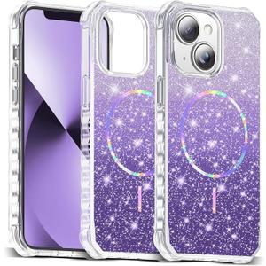 Compatible with iPhone 13 Case & iPhone 14 Case Magnetic Glitter iPhone 13 & 14 Phone Cases 6.1" with Curly Wavy Frame Design [Bling & Cute][Compatible with Mag-Safe],Purple