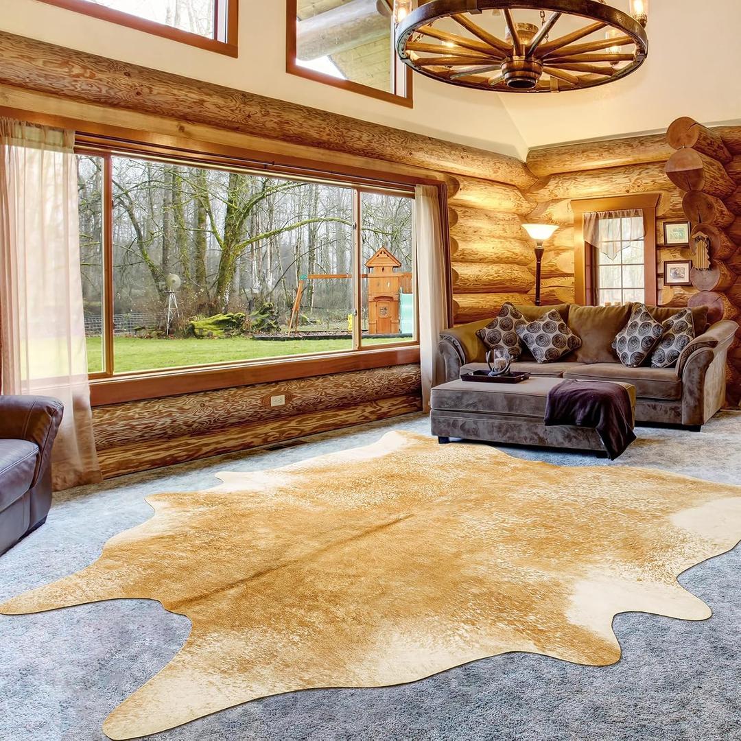 Cow Hide Rug for Living Room, Washable Cowhide Rug, Large Faux Animal Skin Rugs, Non-Slip Cow Print Area Rugs, 5x6 Feet Cowhide Rugs for Bedroom Office Kitchen Fireplace, Khaki