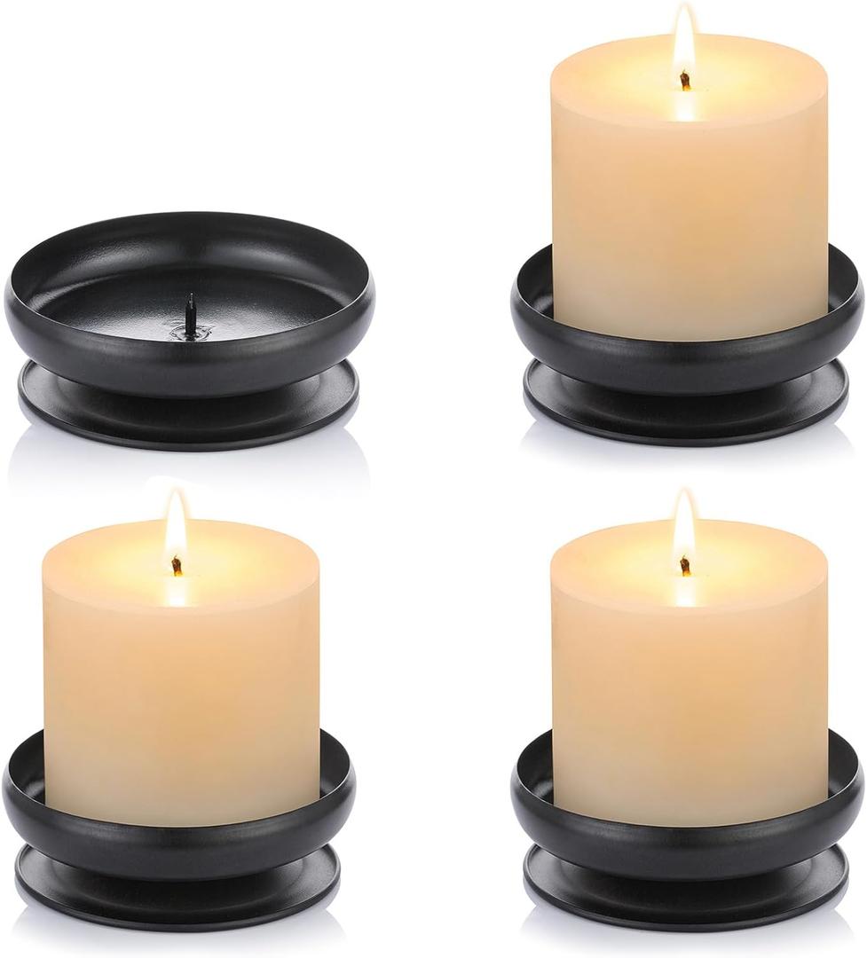 Pack of 4 Spike Candle Holder Iron Candle Plate Pillar Candle Holder, Black, Decorative Iron Pillar Candle Plate, 3.6" Diameter Pedestal Candle Stand for LED & Wax Candles, Incense Cones, Spa, Weddings