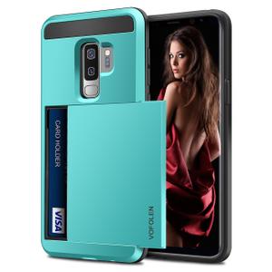 Vofolen Sliding Cover for Galaxy S9 Plus Case Wallet Credit Card Holder ID Slot Hidden Pocket Heavy Duty Protection Rugged Bumper Protective Hard Shell Armor Case for Samsung Galaxy S9 Plus Light Blue