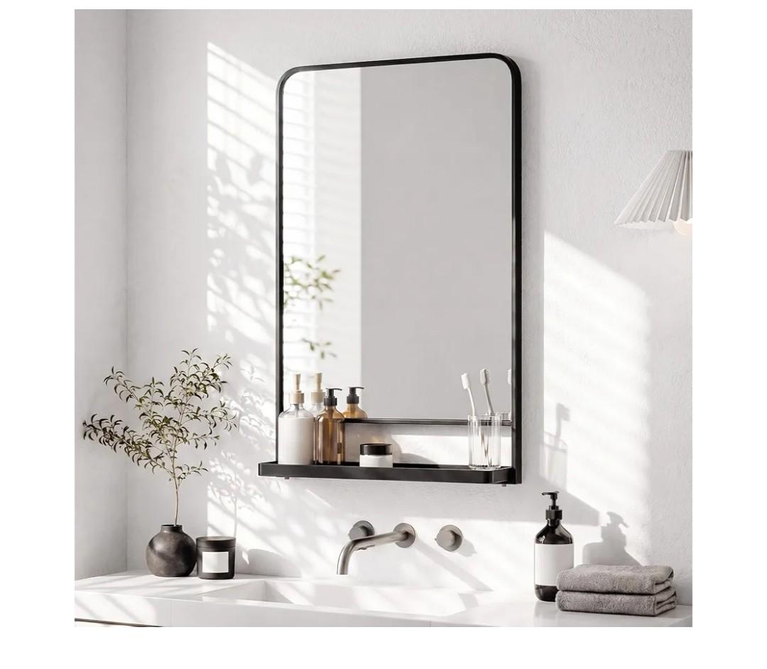 Novabright 28x18 Inch Bathroom Mirror with Shelf, Black Metal Frame, 2 in 1Wall Mounted, Rounded Corner, Modern Decorative Rectangle Vanity Mirror with Storage for Bathroom, Bedroom, Entryway