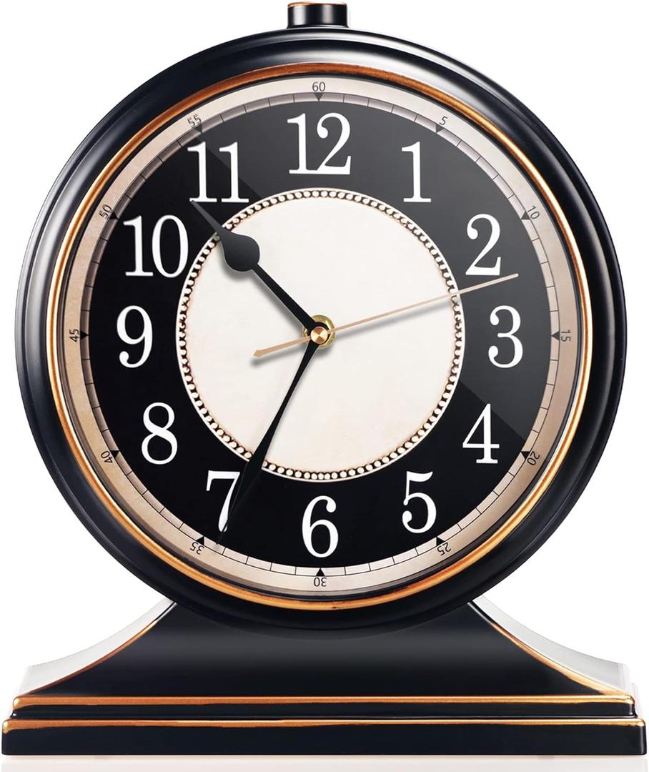 AYRELY Vintage Desk Clock Silent-Non-Ticking 10-inch dial Table Clock,Retro Mantel Clocks and Easy to Read for Living Room, Bedroom, Shelf Decoration, Fireplace, Farmhouse Decor (Black)