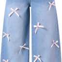 WDIRARA Girl's Cute Bow High Elastic Waisted Denim Pants Basic Baggy Wide Leg Jeans