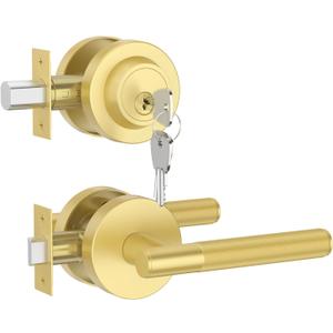 Asidrama Premium Brushed Gold Zinc-Alloy Front Door Lock Set: Double Cylinder Deadbolt, Heavy Duty Security Handleset for Left/Right Exterior Doors, Universal Entry Locks (2 Pack) (Passage with Deadbolt)