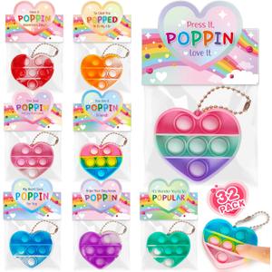 Valentines Day Cards for Kids School, 32 Pack Heart Shape Pop Fidget Toys with 8 Designs Valentines Cards, Ideal Exchange Prizes & Party Favors for Boys & Girls Classroom