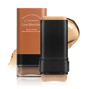 Full Coverage Foundation Stick with Contour Brush, Waterproof & Long-Lasting Foundation Makeup, Buildable Concealer Stick for All Skin Types, Lightweight Daily Natural Matte Finish for Beginners
