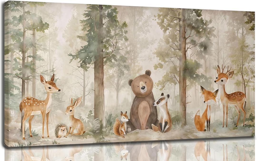 Woodland Animal Nursery Canvas Wall Art Wild Animals Forest Paintings Pictures Wall Decor Fox Bear Deer Watercolor Poster Print Artwork for Boys Room Girls Room Home Decoration Framed, 12"L x 24"W