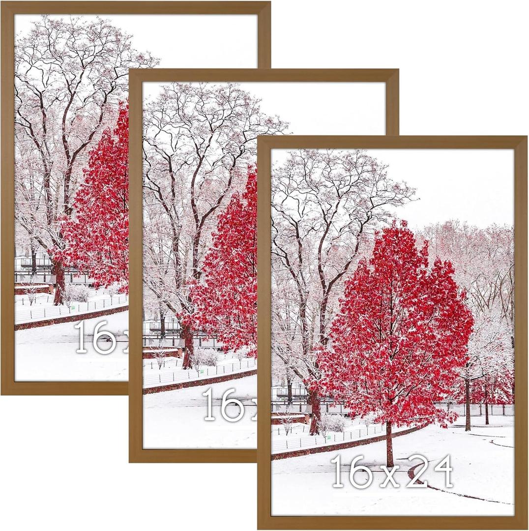 Light Brown 16x24 Frame Set of 3 - Rustic Woodgrain 16 x 24 Poster Frame with Plexiglass for Wall Gallery Display, 16x24 Picture Frame for Puzzles, Artwork, Photos and Posters - Ideal Christmas Day