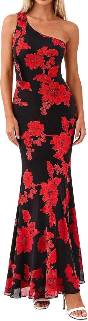 PRETTYGARDEN Womens Summer One Shoulder Maxi Dress 2026 Floral Sleeveless Bodycon Mesh Long Beach Vacation Sun Dresses (Large, Black Red Flower)